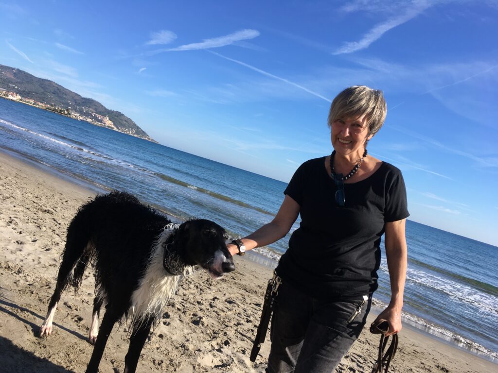 Escaping from Winter an der italienischen Rivieria mit  Windhunden  am Strand und im Mittelmeer Spaß haben.