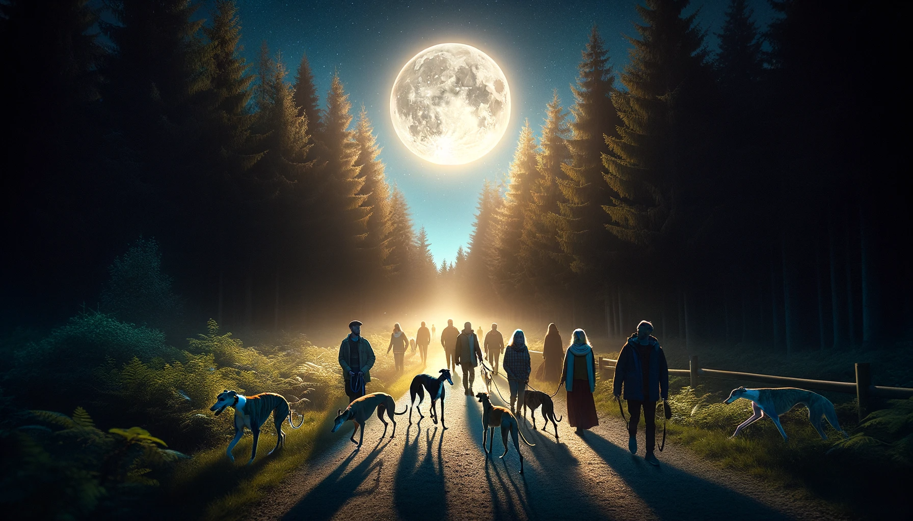 Eine ruhige und magische Szene einer Gruppe von Menschen mit verschiedenen Windhundrassen, darunter Windhunde und Podencos, die unter einem hellen, vollen Mond spazieren gehen.